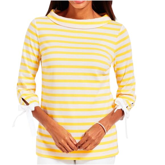 Talbots Tops - Talbots Size Large Sabrina Yellow White Top Portrait Neckline 3/4 Bow Sleeves